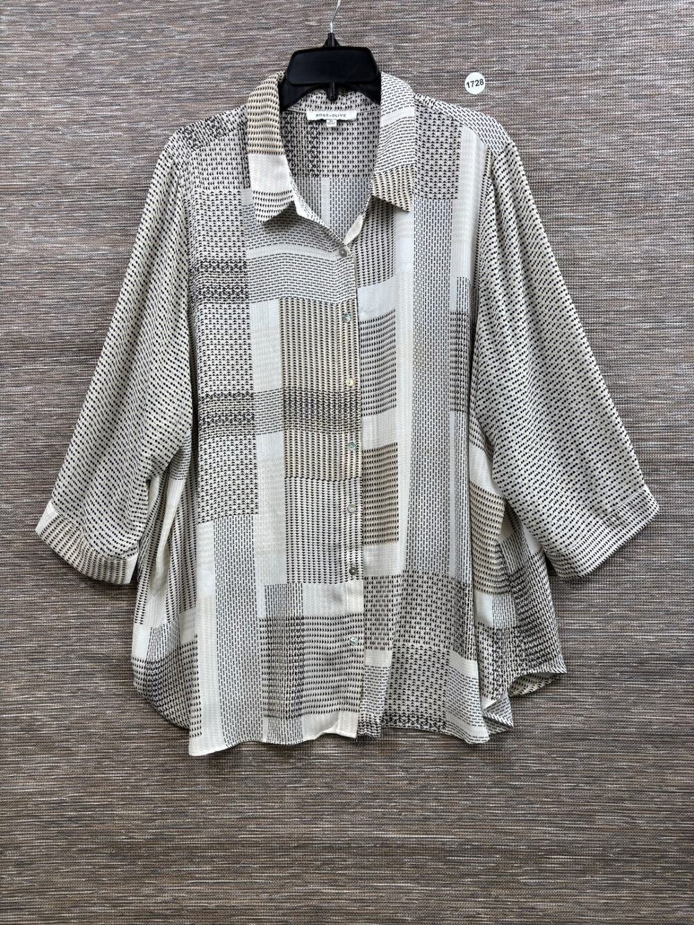 Rose Olive Womens Button Silky Top Size 2X Patchwork Flowy Neutral Geometric